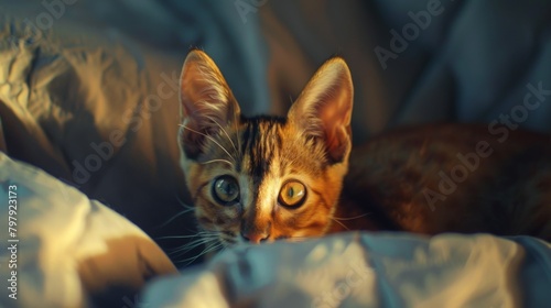 An inquisitive Abyssinian kitten peering out with wide eyes from under a cozy blanket, exuding cuteness