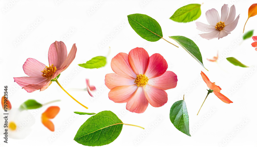 Naklejka premium wild flowers falling or floating in the air isolated on white background with green leaves. Generative AI,