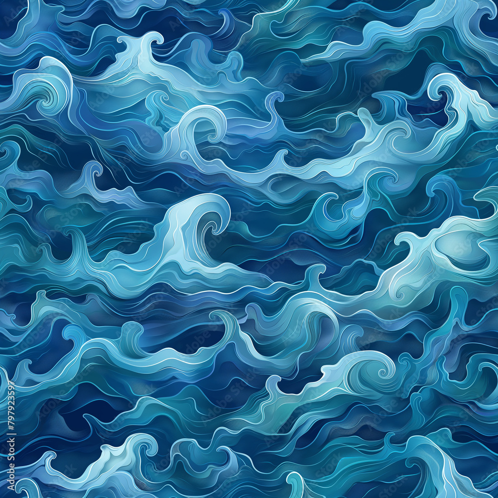 The image is a blue and white water wave pattern