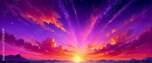 Sunset sky landscape, Glowing fluffy clouds scene, aura stars, fantasy sky, photo heavenly vibe, magenta pink