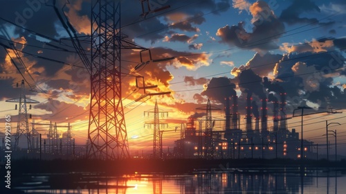 Power plant zone generating electricity at sunset- images