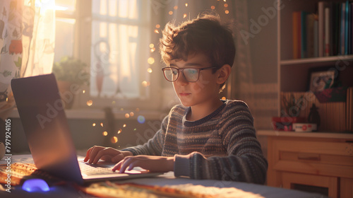 A young boy with glasses on the internet with a laptop computer.