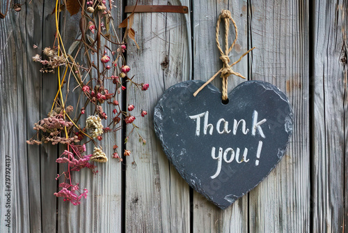 a heart shaped slate board with a "thank you"  quote hanging on a rustic wooden wall surrounded by flowers