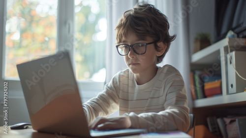 A young boy with glasses on the internet with a laptop computer. photo