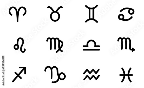 Illustration depicting a set of icons of zodiac signs in black, on a white background