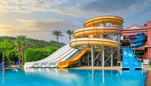 Water slides 3d render,water, pool, boat, sea, travel, summer, sky, swimming, 
