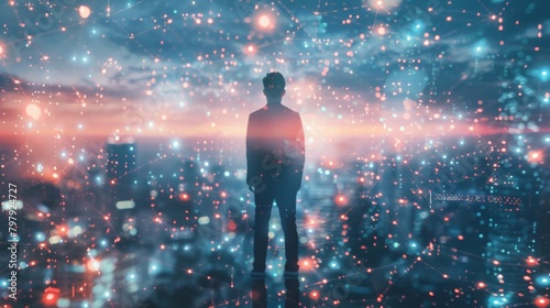 Rear view of businessman standing with his hands in pockets and looking at city with double exposure of network hologram. Concept of hi tech in business.