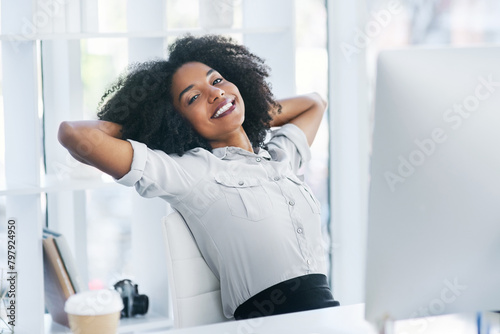 Finish, portrait or happy businesswoman in office to relax for task achievement, good news or success. End, computer or consultant daydreaming with smile for resting, calm peace or stretching arms