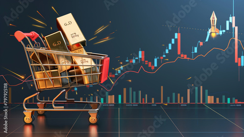 Shopping cart gold bars on stock chart background, price growth up concept.