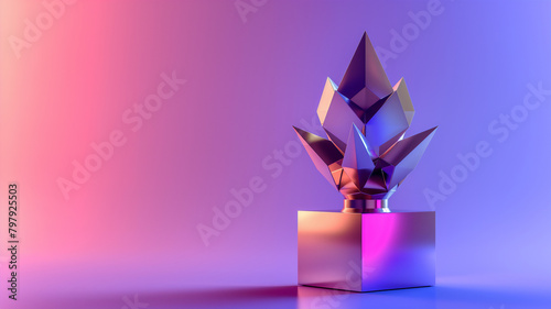 Modern metallic trophy with geometric design on gradient pink and blue background.