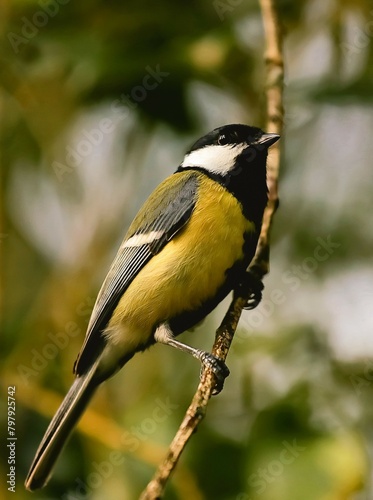 Great tit early in the morning on a tree branch in the park