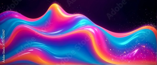 Abstract 3d liquid wave, wavy colorful rainbow 3d render, flowing in dark background, smooth textured, wallpaper , colorful glowing neon