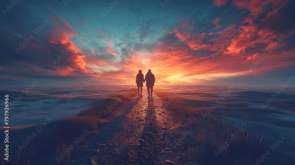A couple walking in a field with a beautiful sunset in the background