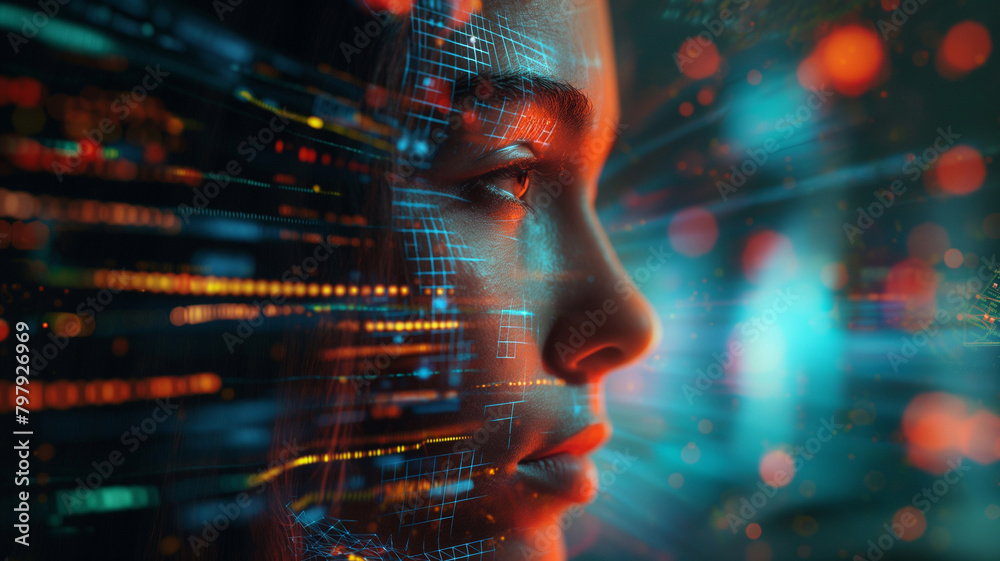 A woman's face is shown in a computer generated image with a blue background