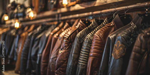 close up a row of luxurious leather jackets hang on a hanger in a clothing store or men clothing store  photo