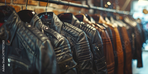 close up a row of luxurious leather jackets hang on a hanger in a clothing store or men clothing store  photo