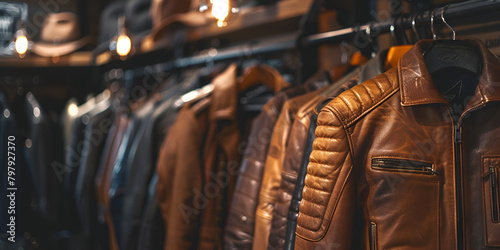 close up a row of luxurious leather jackets hang on a hanger in a clothing store or men clothing store 