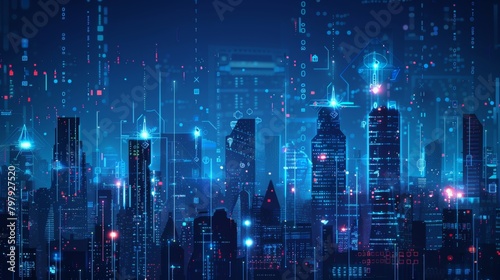 Smart city  IoT Internet of Things  global network communication  digital technology innovation concept. Cityscape at night with icons  abstract blue technology background
