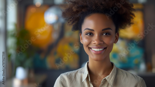 A woman with a big smile on her face is standing in front of a colorful painting