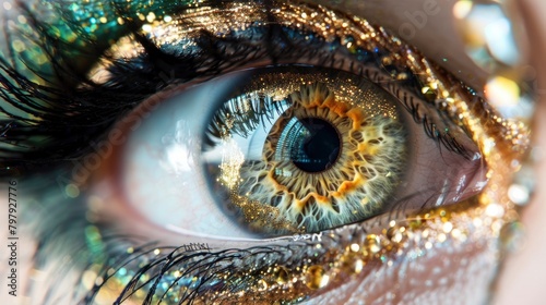 close up of an eye with green and gold irises, ornate golden lashes, intricate patterns on the skin, high resolution, hyper realistic photography