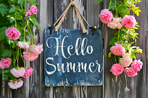 "hello Summer" sign surrounded by flowers, summer background