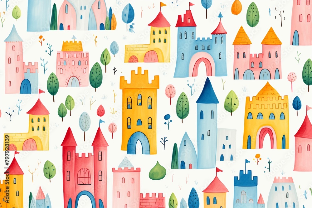 Children s graphic colorful castle, simple lines, whimsical fortress illustration ,  repeating pattern drawing