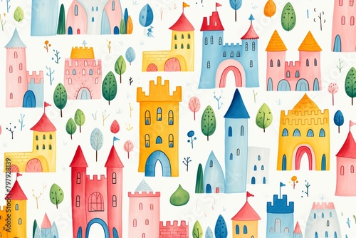 Children s graphic colorful castle, simple lines, whimsical fortress illustration , repeating pattern drawing
