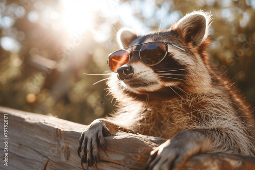 A raccoon basking in the sunlight, its sunglasses adding a touch of glamour to its appearance. photo