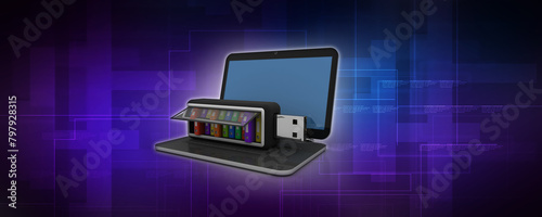 3d rendering office document Binder in pen drive with laptop 