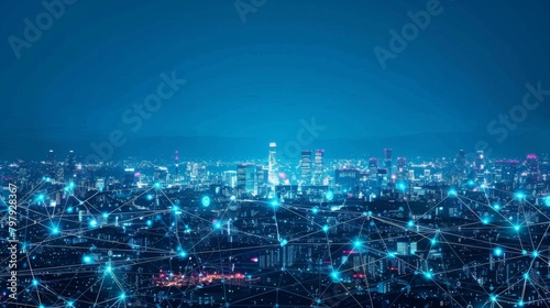 Smart digital city with connection network reciprocity over the cityscape . Concept of future smart wireless digital city and social media photo