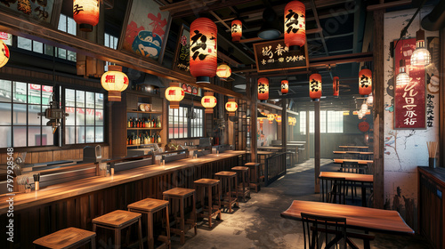 Japanese Ramen shop interior decorated in a traditional Japanese bar style. wooden bar stools & tables. decorated with lanterns and Japanese signs Asian architecture. 16:9 4k Resolution. Generative Ai photo