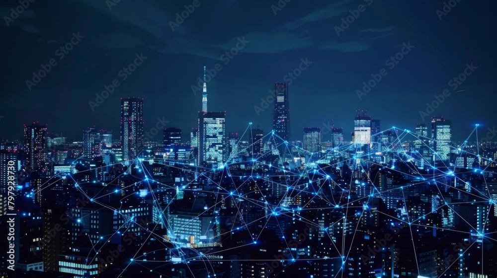 Smart digital city with connection network reciprocity over the cityscape . Concept of future smart wireless digital city and social media