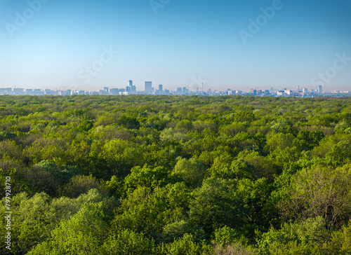 Bucharest from above. Aerial landscape of north part of Bucharest, view from Baneasa Forest with green trees in foreground. Unique perspective of Bucharest, capital of Romania. photo