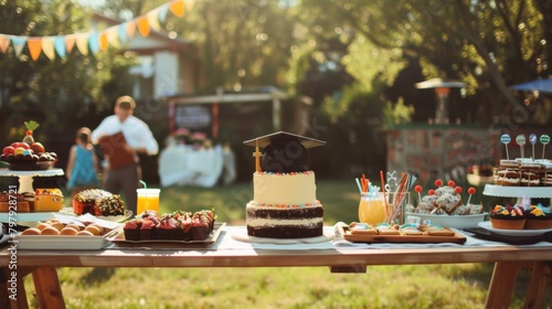 Graduation party outdoors in the garden during daylight in a sunny day. Cakes and deserts are ready