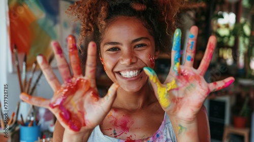 Young afro american girl with colorful paint on her hands. Concept of cool ideas for weekend activities