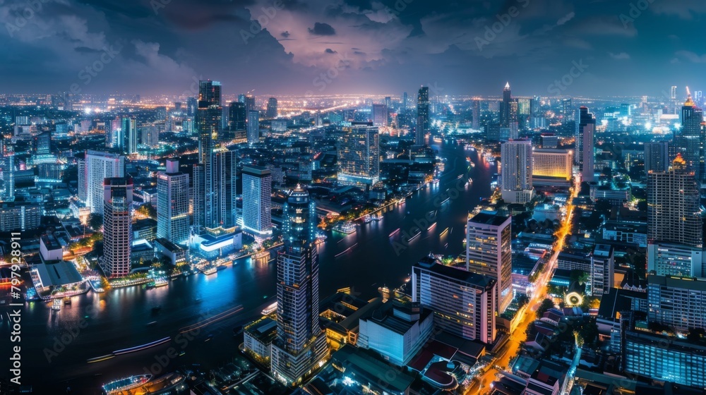 Fototapeta premium Smart network and Connection technology concept with Bangkok city background at night in Thailand, Panorama view