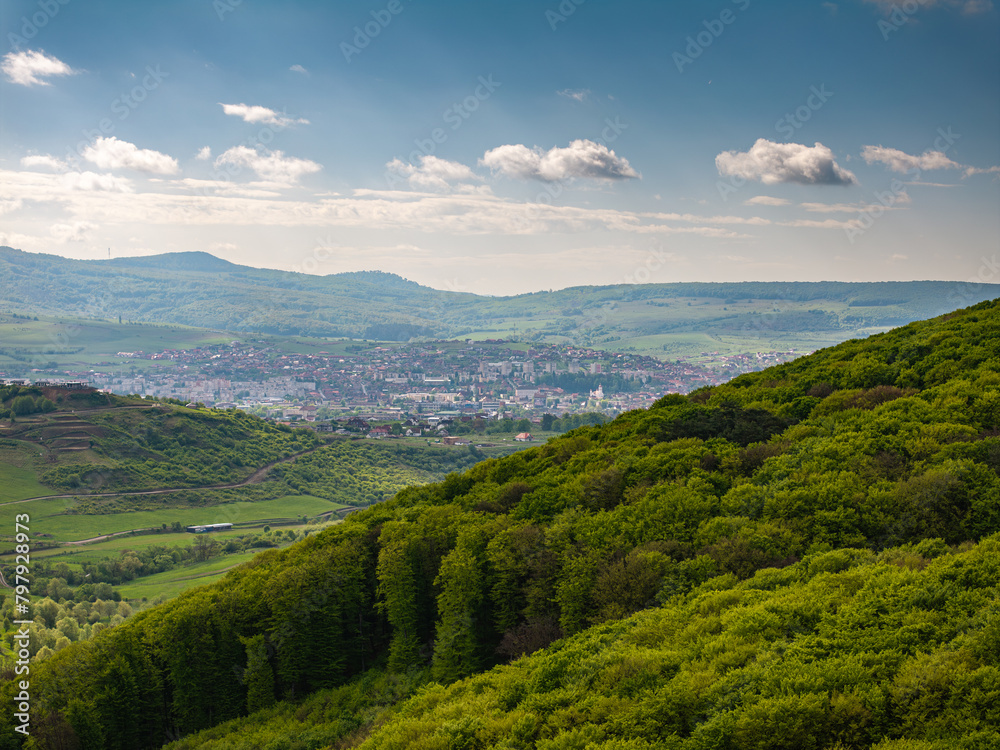 Odorheiu Secuiesc from above. Aerial view of this beautiful city from Transylvania, Harghita county, during a summer sunny day. Travel to Romania.