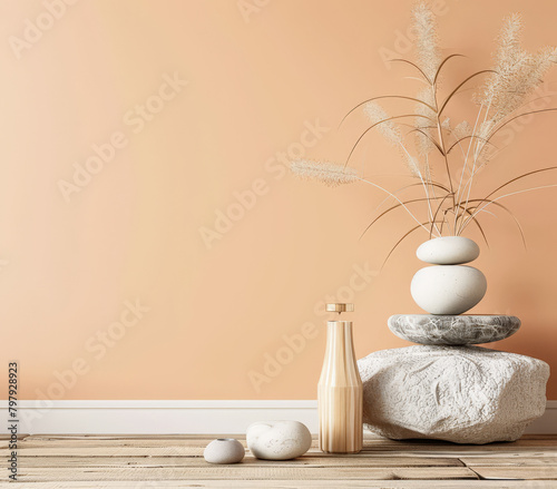 Serene interiors with zen elements in a minimalistic room composition. Copyspace for text, meditation inviting image in peach color.