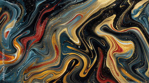 The vibrant energy of a carnival, with swirling colors of black, gold, red, and blue, mimicking the motion of rides and the laughter in the air, all captured in a lively, abstract marble pattern.