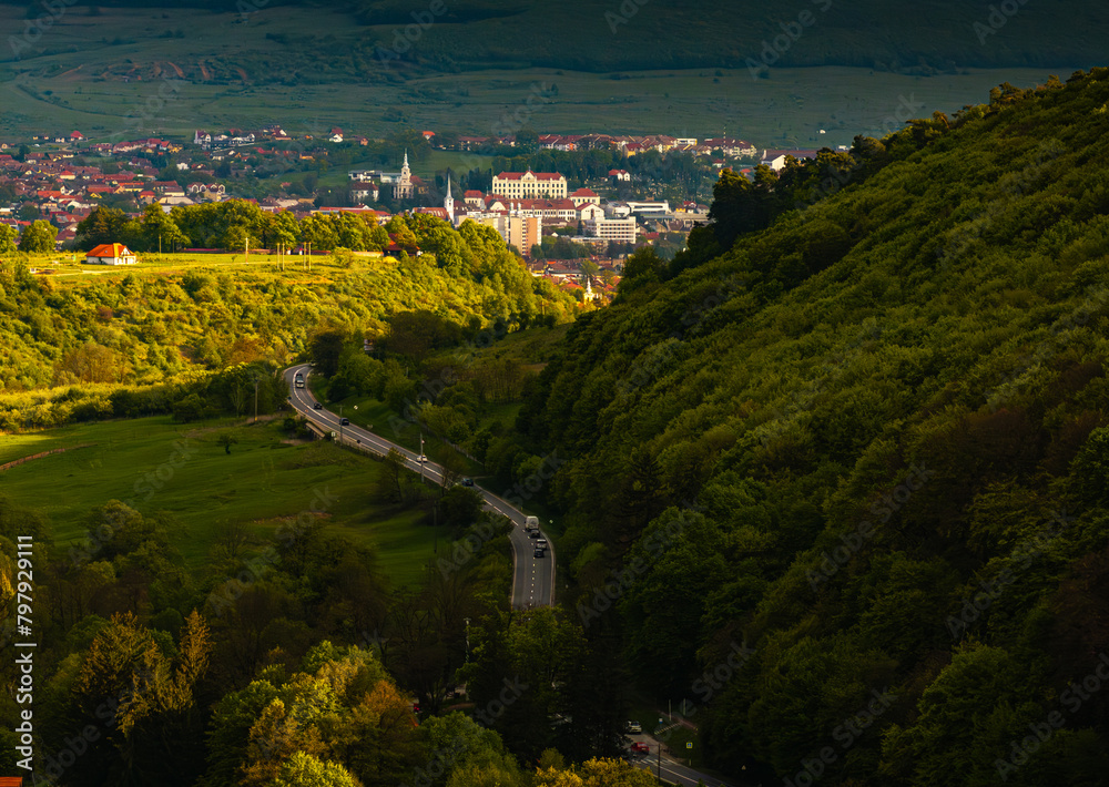 Odorheiu Secuiesc from above. Aerial view of this beautiful city from Transylvania, Harghita county, during a summer sunny day. Travel to Romania.