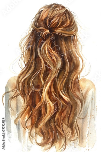 Capture the essence of indulgent hair care by painting a traditional watercolor piece featuring a rear view of glossy