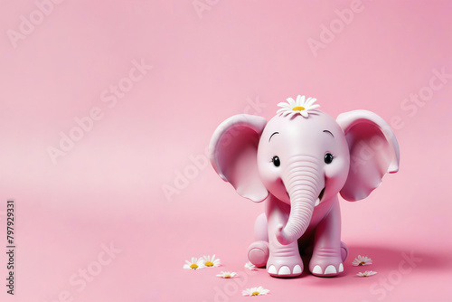 The pink elephant with daisies smiles. Illustration on a pink background with space for text.