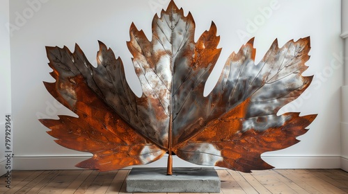 A large metal leaf sculpture that is mostly rusted but has some silver areas. It is leaning against a white wall on a wooden floor.