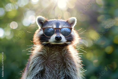 A raccoon embracing the sun's rays, its sunglasses providing a shield from the brightness. photo