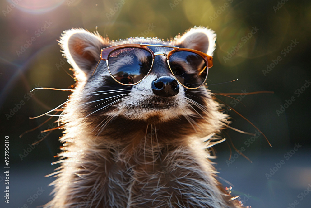 A raccoon embracing the sun's warmth, its sunglasses creating a play of light and shadows. A raccoon embracing the sun's warmth, its sunglasses creating a play of light and shadows.