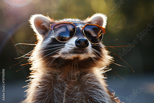 A raccoon embracing the sun's warmth, its sunglasses creating a play of light and shadows.