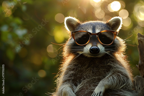 A raccoon embracing the sun's warmth, its sunglasses creating a play of light and shadows. photo