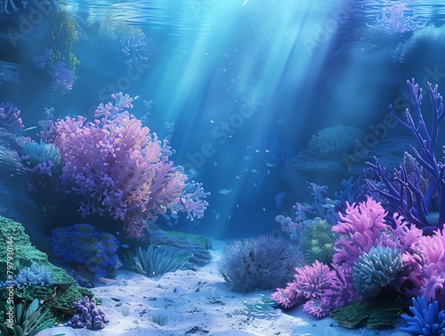 Illustrate an enchanting underwater scene showcasing the magnificent coral reefs elastin nature in a photorealistic style with a dreamy depth of field effect that transports viewer photo