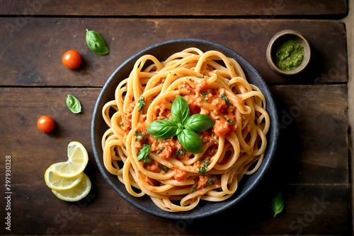 spaghetti with basil on a plate .tomatoes and lemon slices on the wooden table