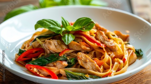 Stir fried trivelle pasta with Canned tuna fish and crispy basil leaves in white plate,Spicy pasta Pad Kra Pao.Thai fusion food